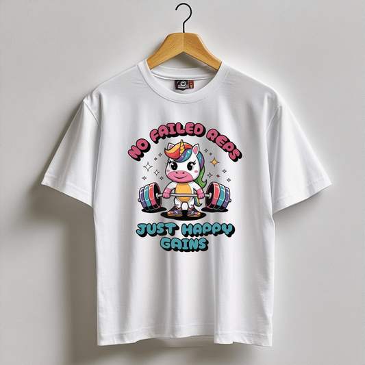 UNICORN - NO FAILED REPS JUST HAPPY GAINS Unisex Oversized Shirt (Front Print)